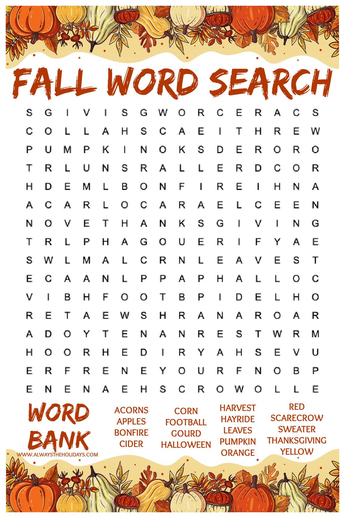 Fall Word Search Printable