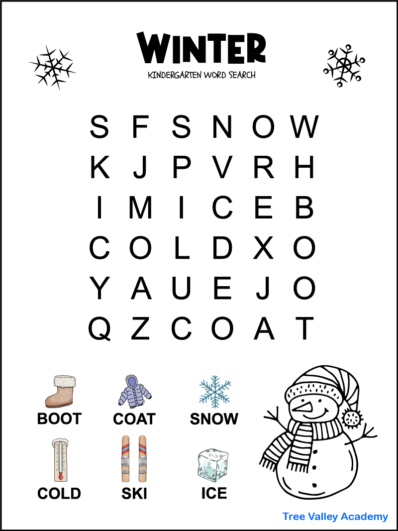 Kindergarten Winter Word Search